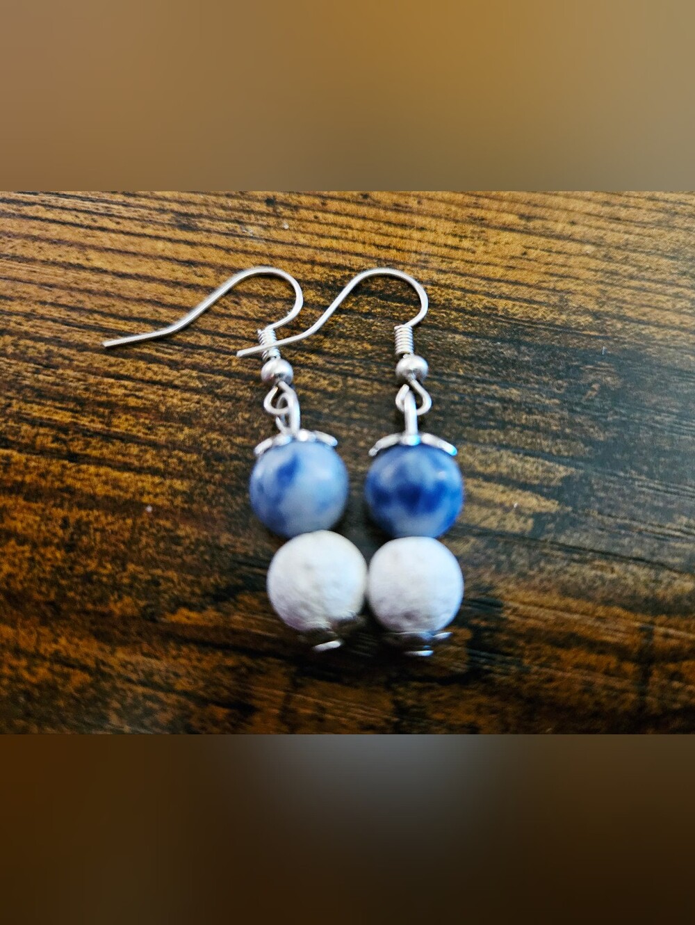 Blue Sodalite and White Lava  Beaded Dangle Earrings - Women Jewelry